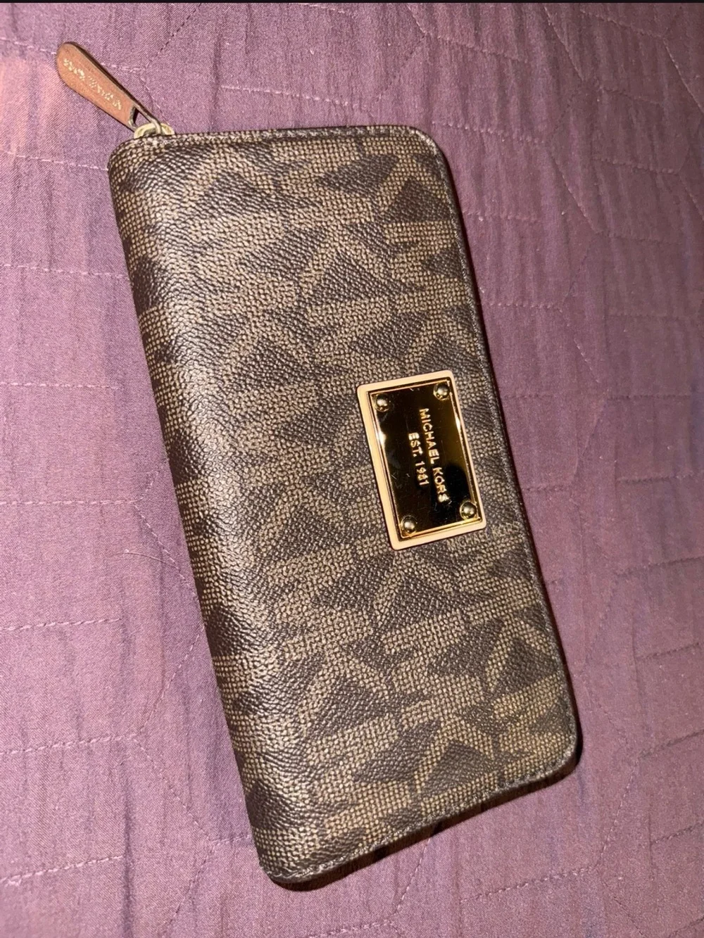 Michael Kors Black Zip Wallet with Gold Plaque